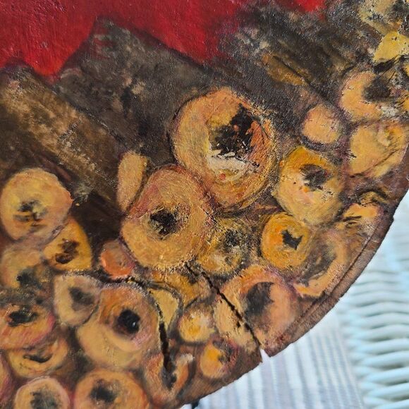 Stacked Wood Painted On 7.25" Wood Disc - Abstract Art - Yellow, Red Handpainted - Picture 7 of 15